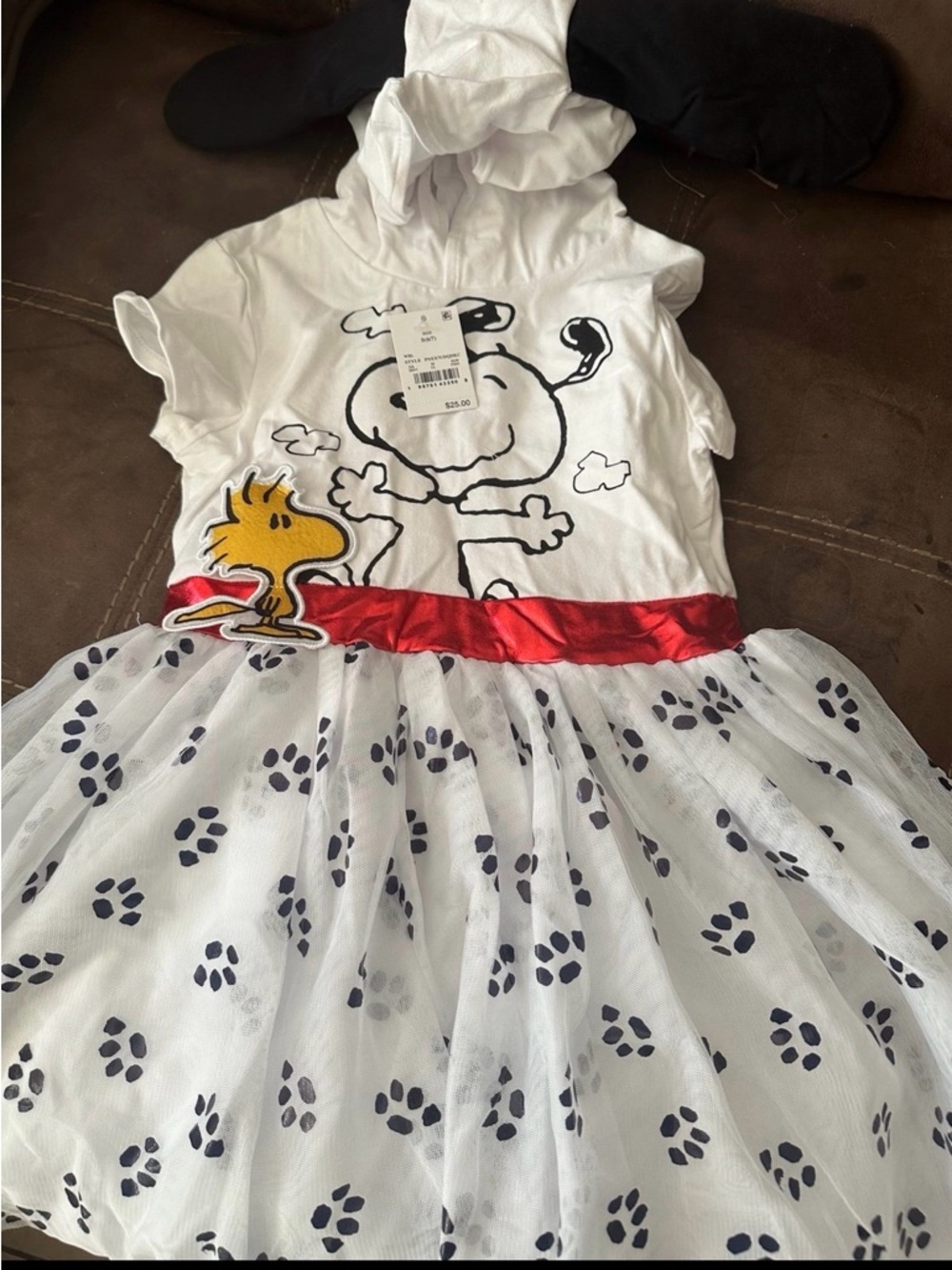 Peanuts White Dress with Red Waistband and Black Paw Print Tulle